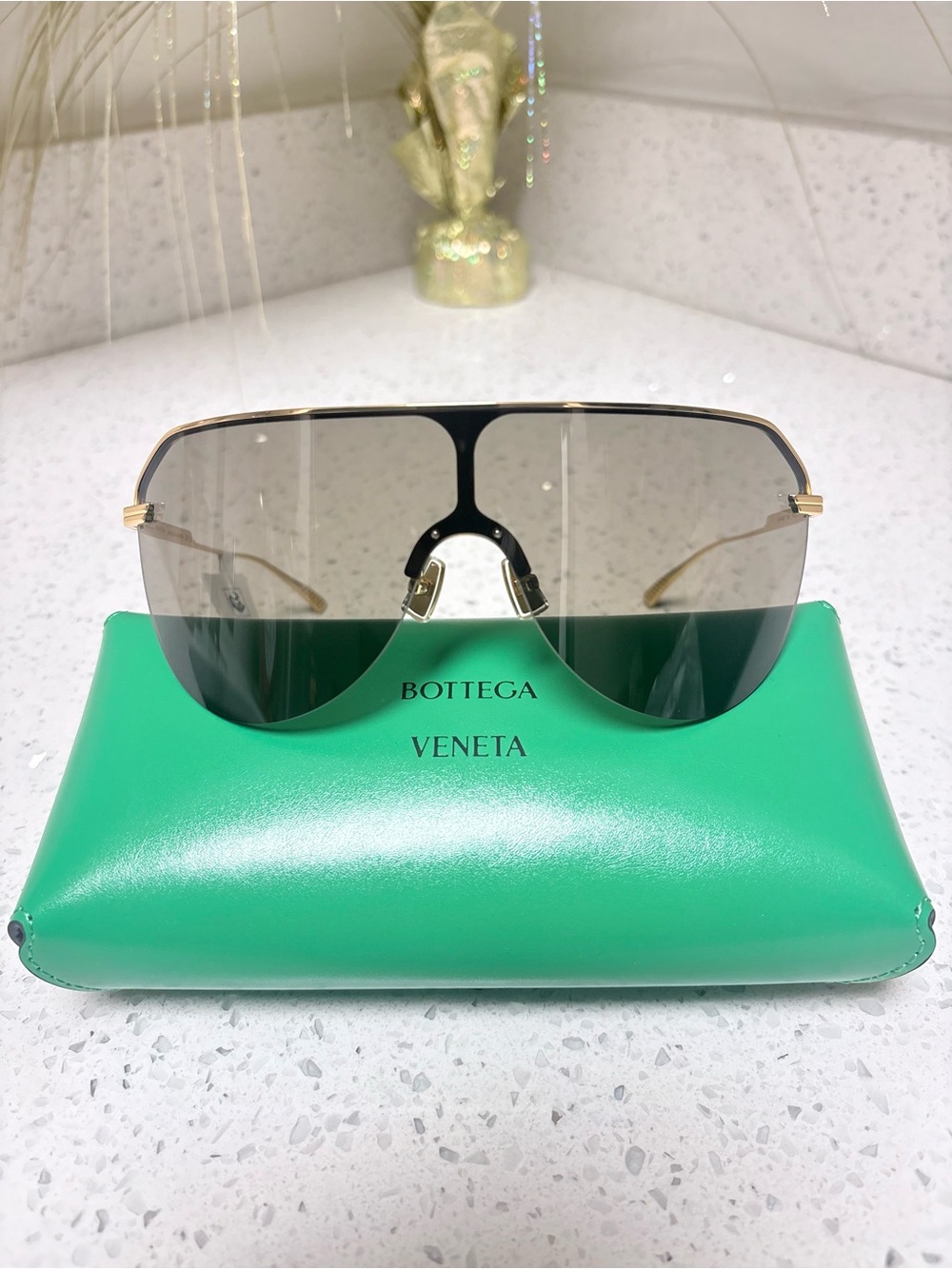 Bottega Veneta Gold-Tone Shield Sunglasses with Brown Gradient Lenses
